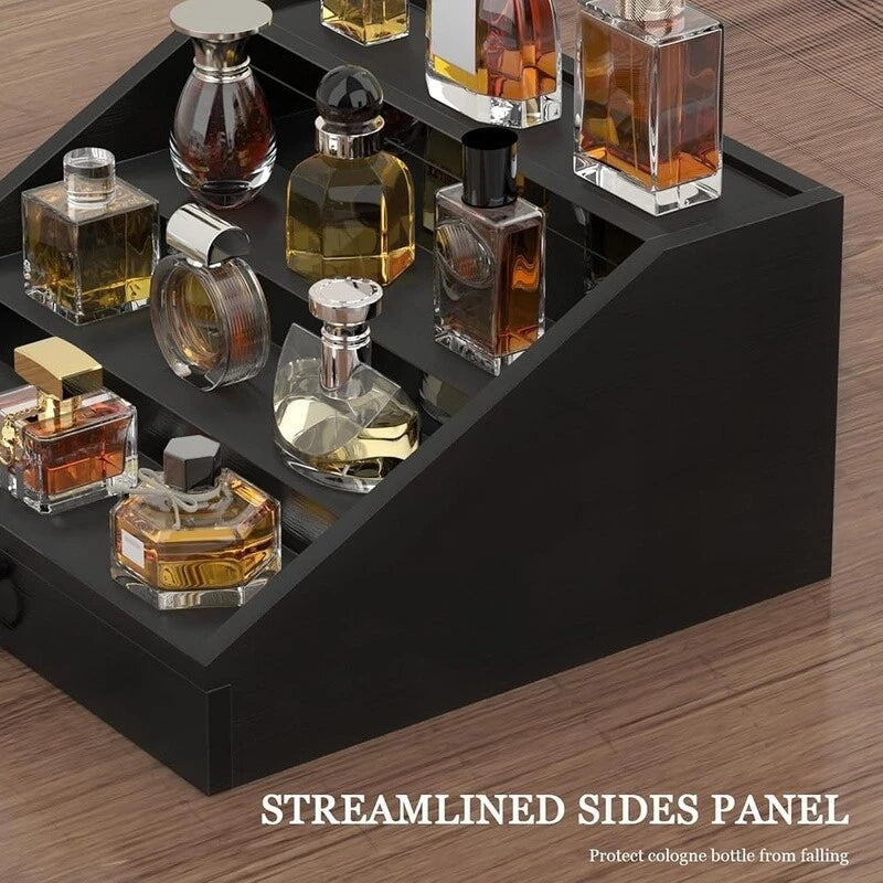 Dluxe Ave. Men Enhanced 5 Tier Cologne Stand Organizer with Velvet Lined Drawer & Hidden Storage (Classy Black)