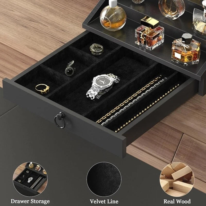 Dluxe Ave. Men Enhanced 5 Tier Cologne Stand Organizer with Velvet Lined Drawer & Hidden Storage (Classy Black)