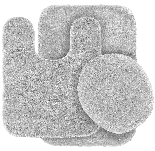 Dluxe Ave. Soft Solid Non Slip Rug Set, U-Shaped Mat and Toilet Lid Cover, 3pc (Silver)