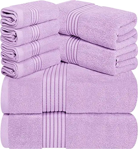 Dluxe Ave. Utopia Towels 8-Piece Premium Towel Set 2 Bath Towels 2 Hand Towels and 4 Wash Cloths 100% Ring Spun Cotton Highly Absorbent Towels for Bathroom Sports and Hotel (Lavender)