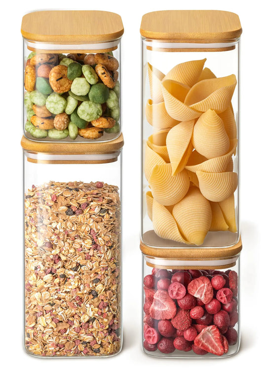 Dluxe Ave. Glass Storage Containers with Bamboo Lids/ 4 Square Airtight Jars