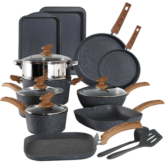 Dluxe Ave. Kitchen Academy Induction Cookware Set-17 Piece Non-stick Cooking Pan Set Black Granite Pots and Pans Set