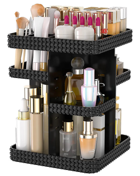Dluxe Ave. HEMTROY Rotating Makeup Organizer with Makeup Brush Holder Large Capacity Perfume Organizer for Vanity Countertop Acrylic Skincare Organizers Spinning Holder Storage Rack (Black)