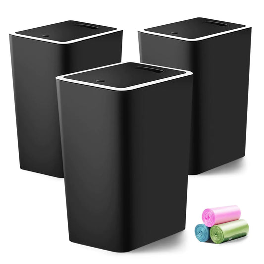 Dluxe Ave. Small Trash Can 3 Pack/ 4 Gallons Bathroom Garbage Can with Lid Press (Black)