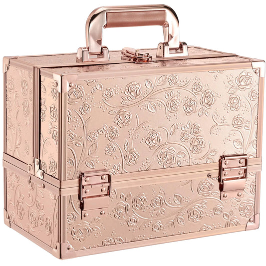 Dluxe Ave. 11.8 Inch Extra Large Makeup Organizer Case 3 Trays with Mirror / Rose Gold Floral