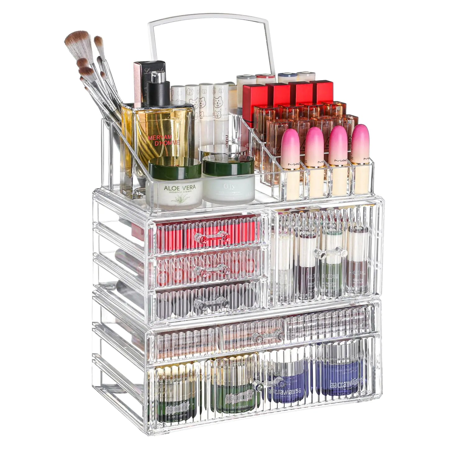 Dluxe Ave. 3 Pack Stackable Clear Make up Organizers for Vanity - With 6 drawers and 1 Removable Mirror- Hair Accessory and Cosmetic Storage