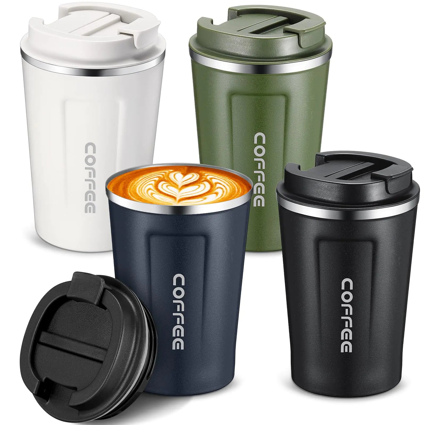 Dluxe Ave. 4 Pcs 13 oz Travel Coffee Mugs/ Insulated Reusable Coffee Cups with Leakproof Lid/Stainless Steel (Black White Navy Blue Green)
