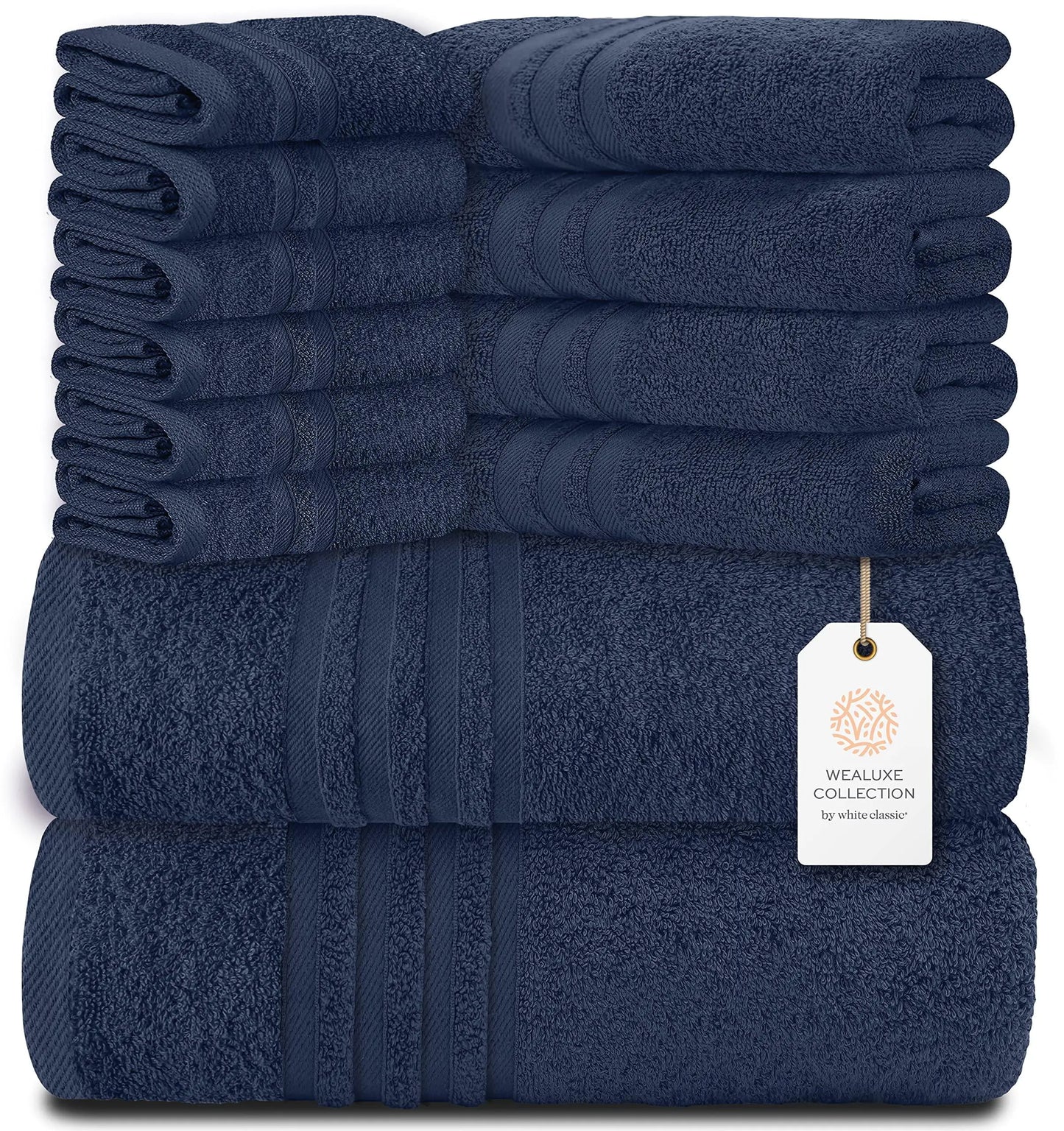 Dluxe Ave. 12 Pcs Bath Towel Set for Bathroom Wealuxe Collection 100% Cotton Soft Navy Blue