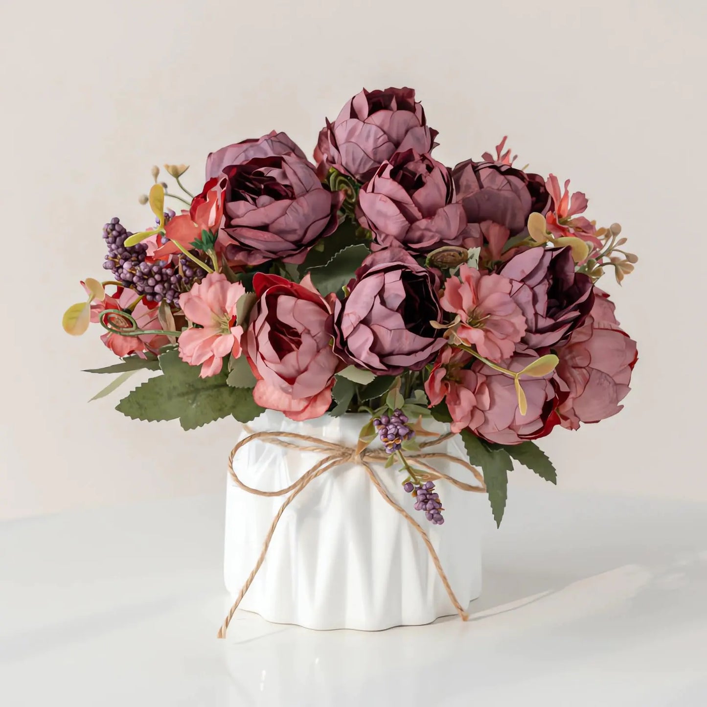 Dluxe Ave. Artificial Silk Flowers in Ceramic Vase, Small Flower Arrangement for Home  (RedPeony)