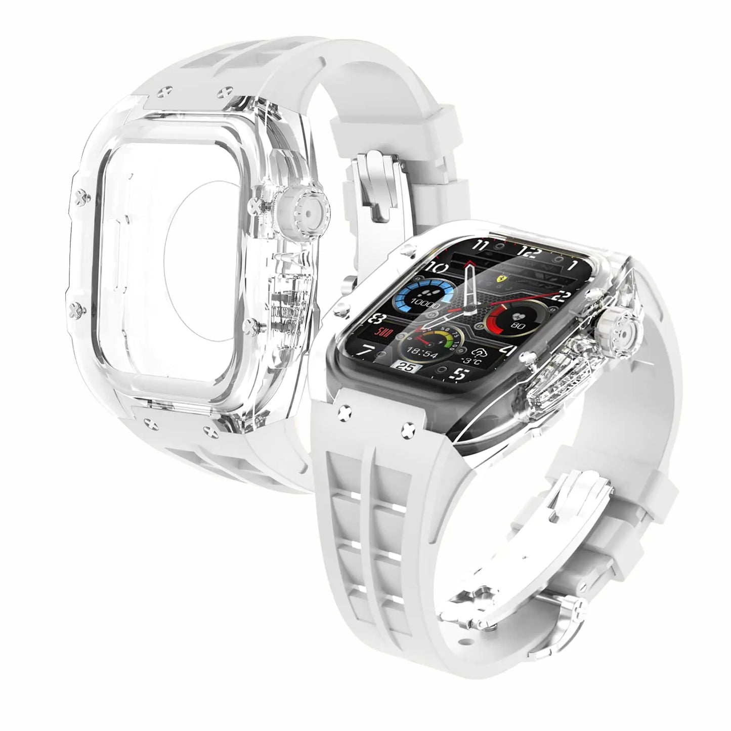 Dluxe Ave. Neuupesen Luxury Transparent Case with Fluororubber Band for Apple Watch 45mm Crystal Clear Full Protection for iWatch Series 9/8/7(45mm TRN+White)