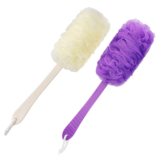 Dluxe Ave. Long Handle Shower Loofah On a Stick/Body Exfoliator Scrubber (2 Pack-Purple+White)