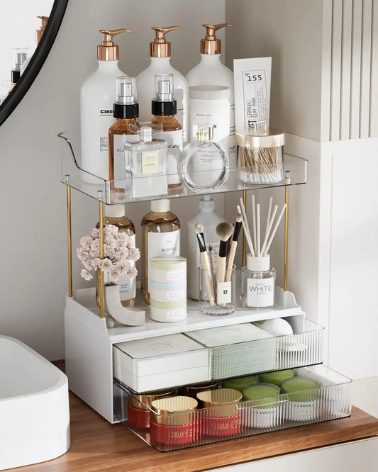 Dluxe Ave. Hoffeins 4 Tiers Bathroom Organizers and Storage Countertop with 2 Drawers Large Vanity Organizer Skin Care Organizer for Dresser Multi-Purpose Bathroom Counter Organizer Toiletry Organizer- Clear
